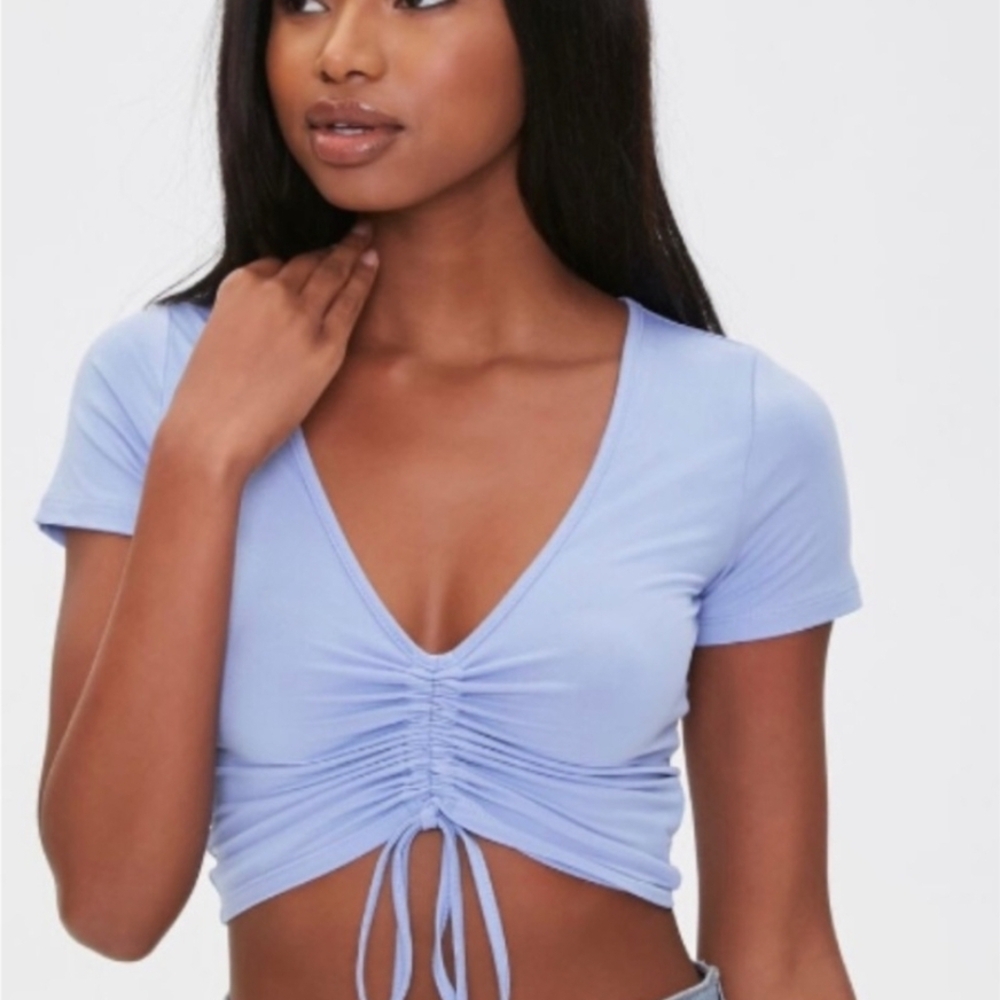 Forever 21 Sky Blue Ruched V-Neck Crop Top